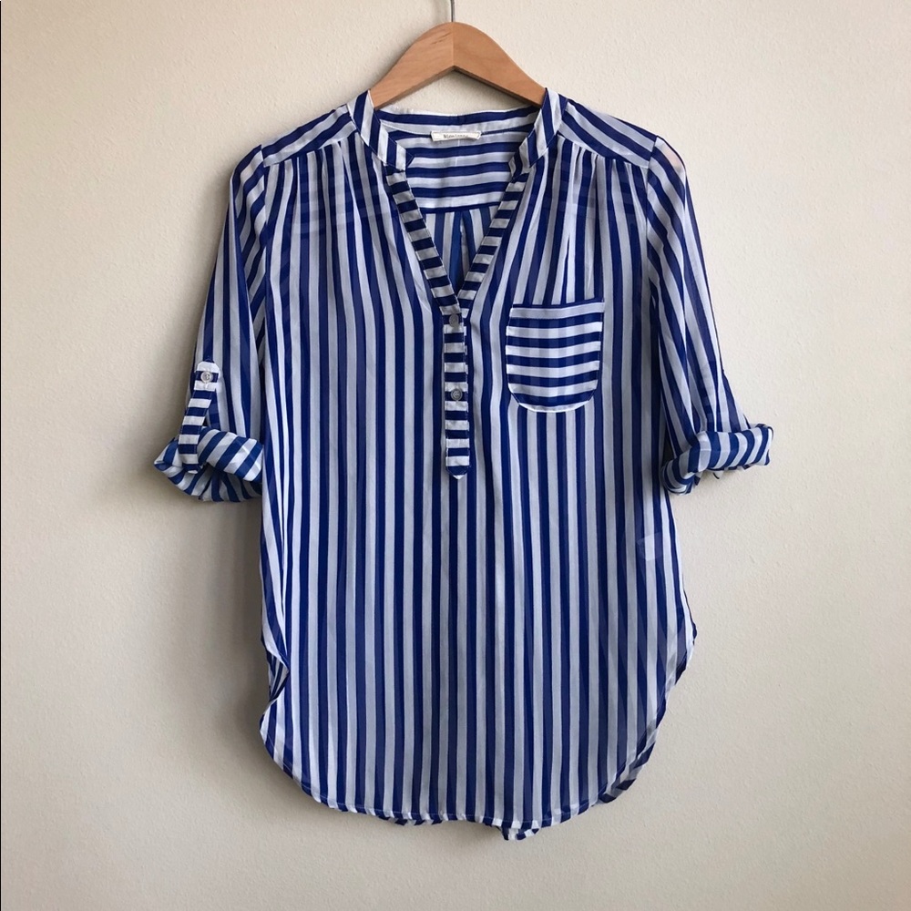 Nicolette Striped Blue Button Curved Hem Blouse